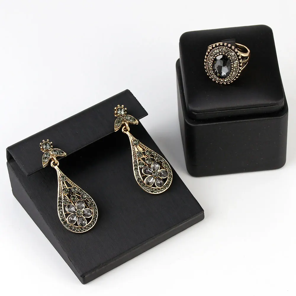 Sunspicems 2020 Bohemia Gray Crystal Wedding Jewelry Set Earring Ring for Women Antique Gold Color Turkish Vintage Party Bijoux