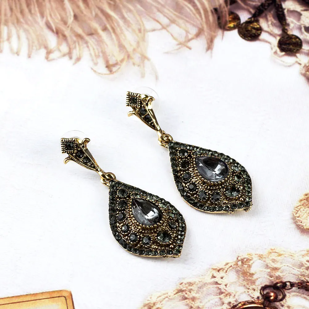 Sunspicems 2020 Bohemia Gray Crystal Wedding Jewelry Set Earring Ring for Women Antique Gold Color Turkish Vintage Party Bijoux