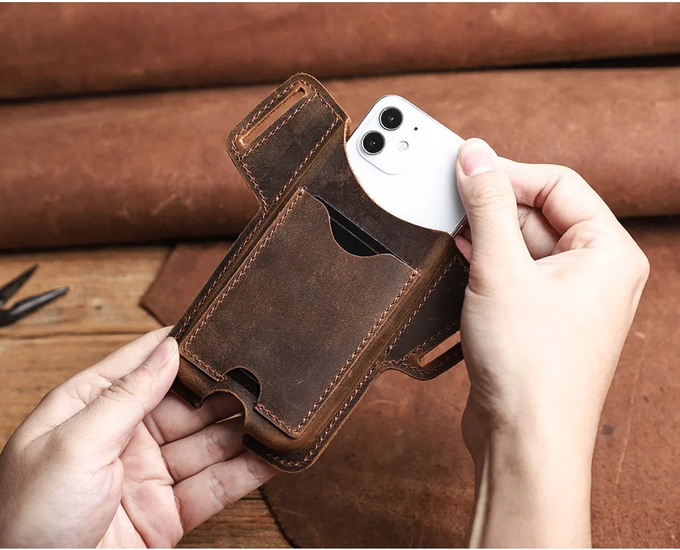 CONTACTS FAMILY 100% Nubuck Leather Phone Waist Case Bag Men Cellphone Loop Holster Belt Pouch for iPhone 16 15 14 Pro Max Mini