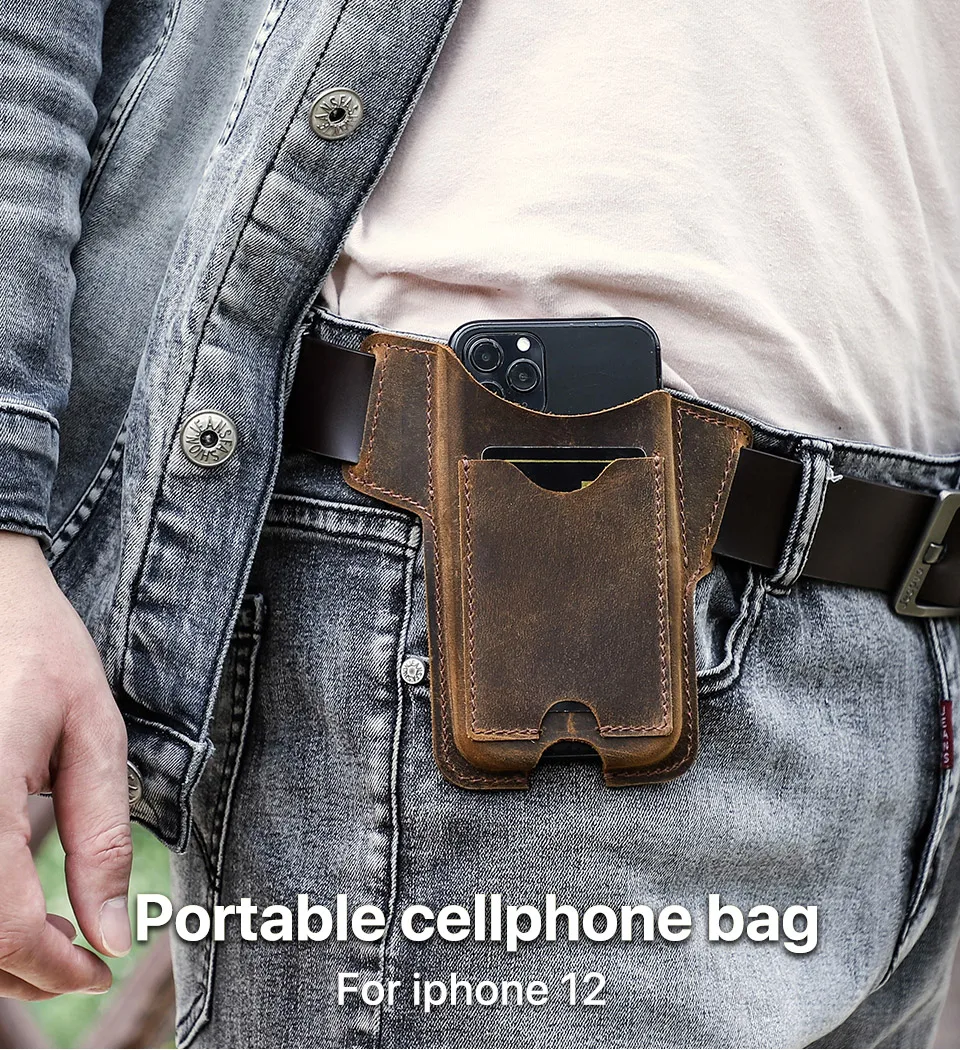 CONTACTS FAMILY 100% Nubuck Leather Phone Waist Case Bag Men Cellphone Loop Holster Belt Pouch for iPhone 16 15 14 Pro Max Mini