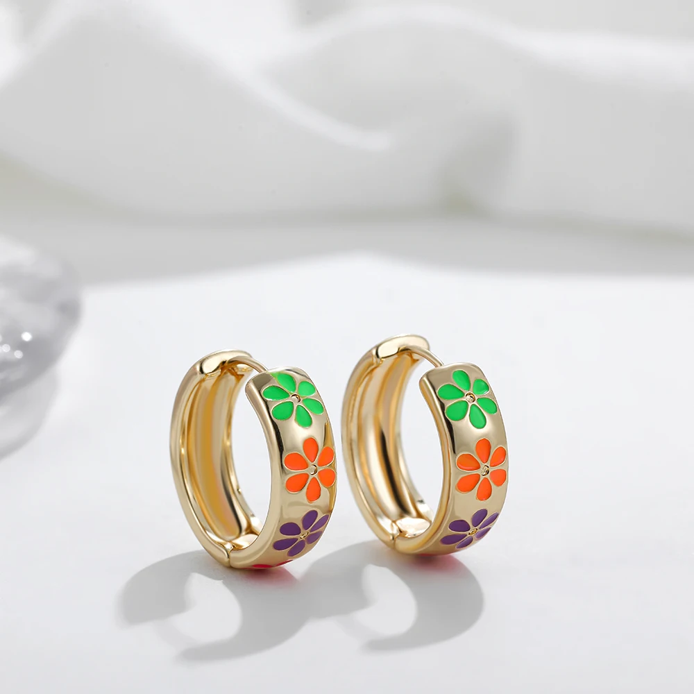 Vintage Enamel Flower Small Hoop Earrings Trendy Geometric Statement Round Circle Huggie Earring Fashion Jewelry Brincos