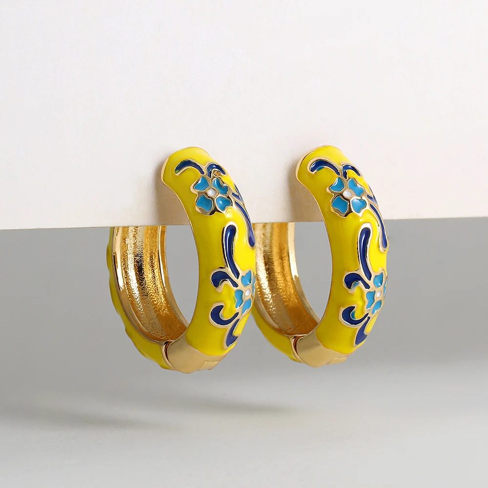 Vintage Enamel Flower Small Hoop Earrings Trendy Geometric Statement Round Circle Huggie Earring Fashion Jewelry Brincos