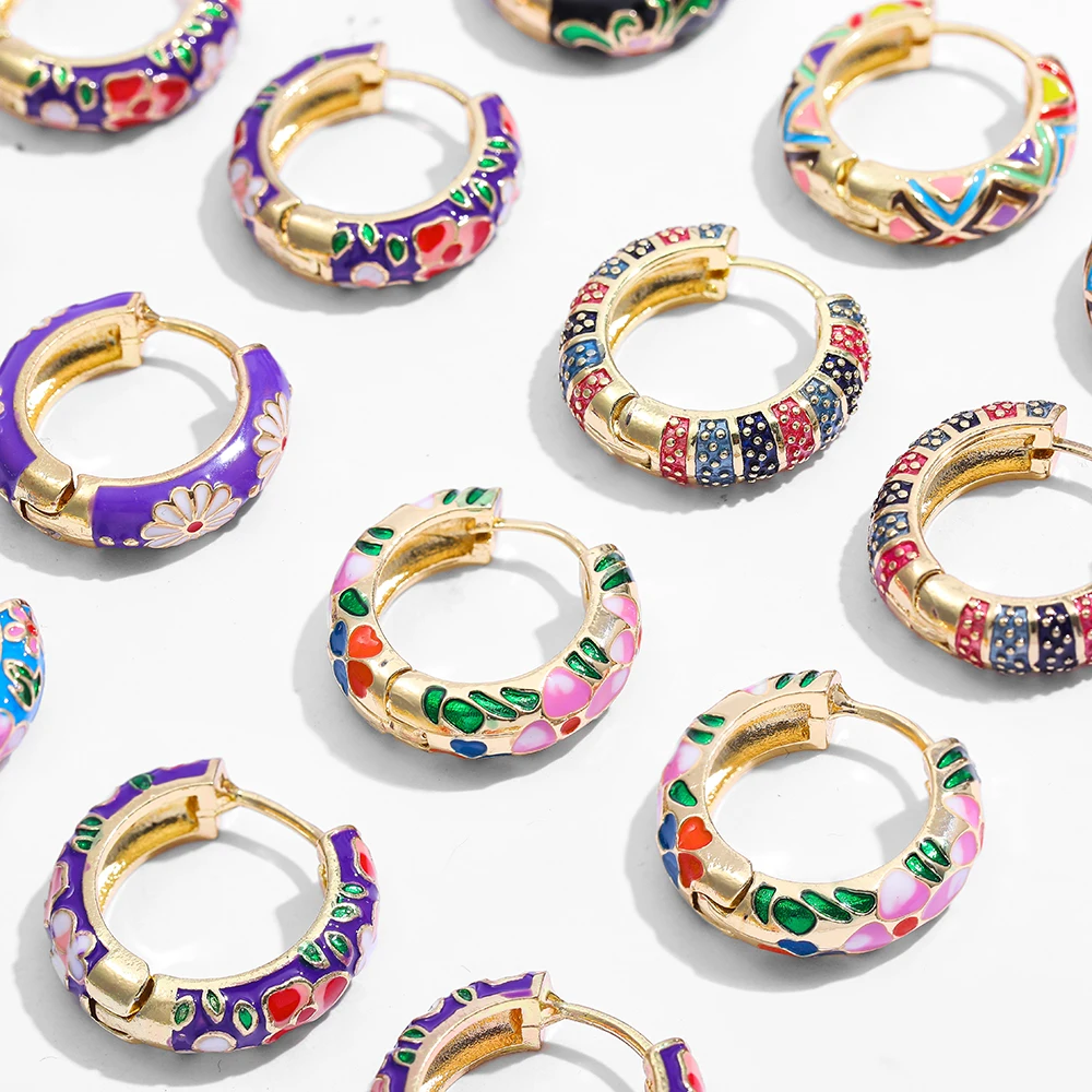 Vintage Enamel Flower Small Hoop Earrings Trendy Geometric Statement Round Circle Huggie Earring Fashion Jewelry Brincos