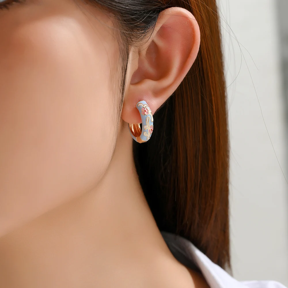 Vintage Enamel Flower Small Hoop Earrings Trendy Geometric Statement Round Circle Huggie Earring Fashion Jewelry Brincos