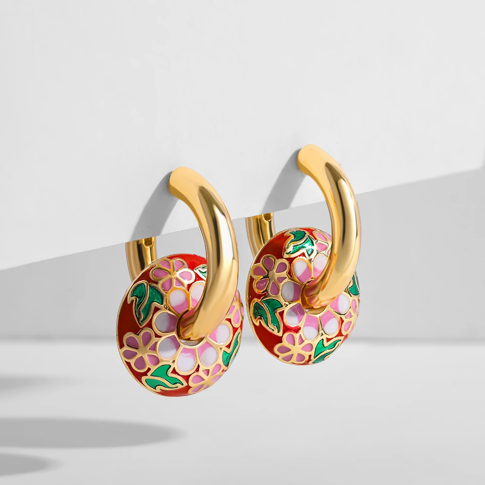 Vintage Enamel Flower Small Hoop Earrings Trendy Geometric Statement Round Circle Huggie Earring Fashion Jewelry Brincos