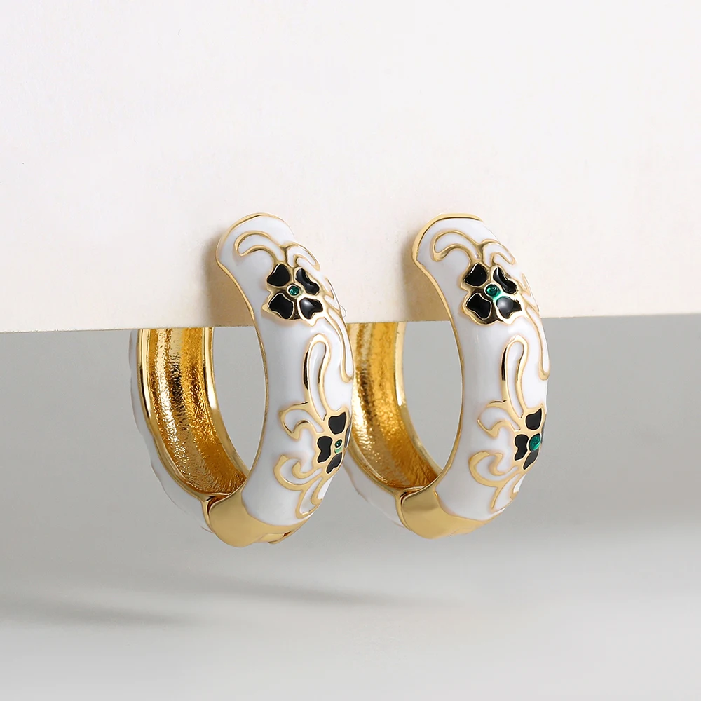 Vintage Enamel Flower Small Hoop Earrings Trendy Geometric Statement Round Circle Huggie Earring Fashion Jewelry Brincos