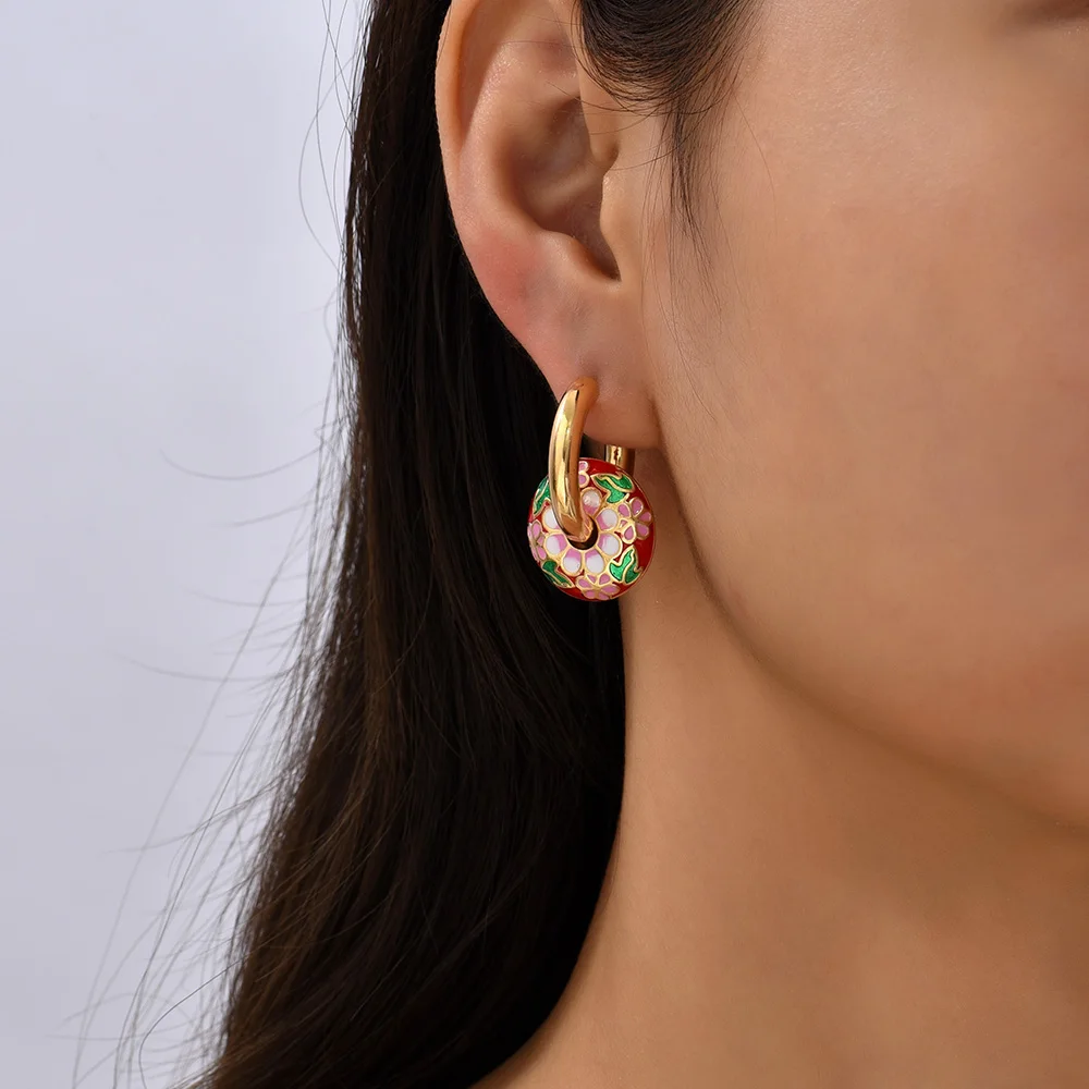 Vintage Enamel Flower Small Hoop Earrings Trendy Geometric Statement Round Circle Huggie Earring Fashion Jewelry Brincos