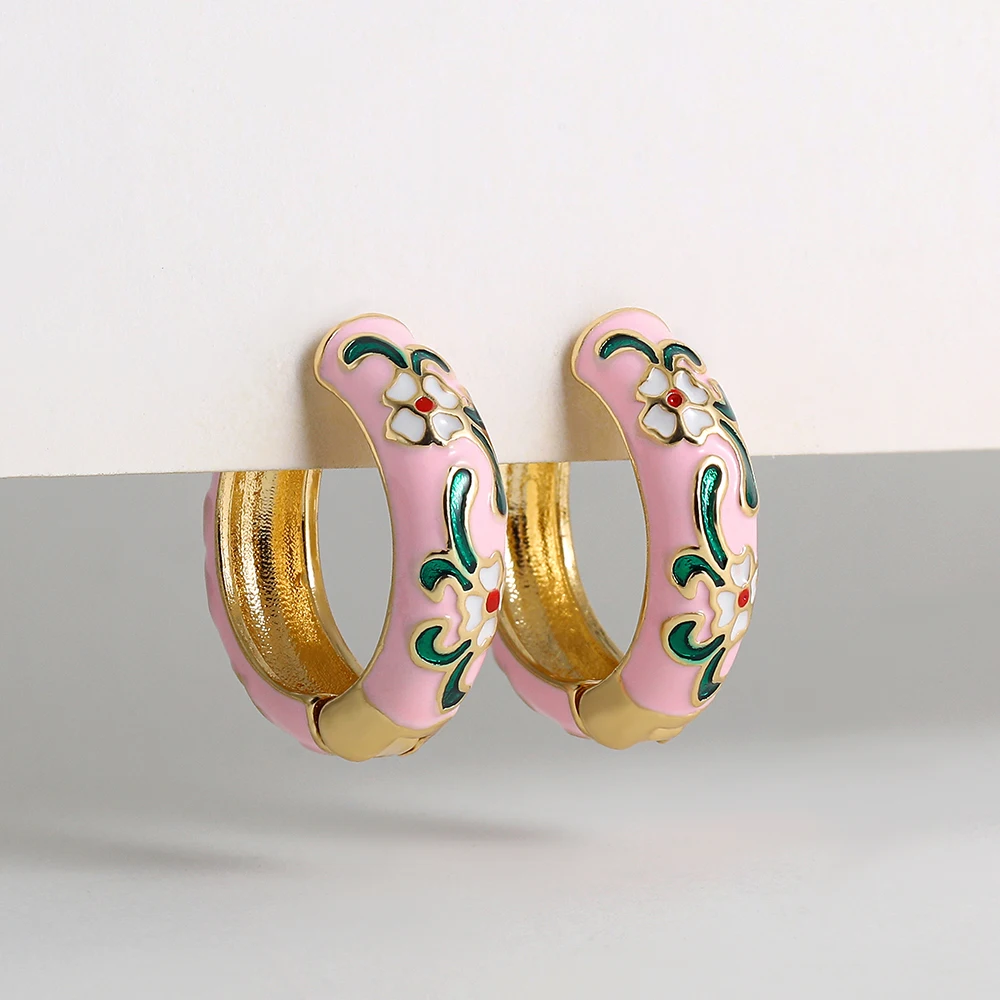Vintage Enamel Flower Small Hoop Earrings Trendy Geometric Statement Round Circle Huggie Earring Fashion Jewelry Brincos