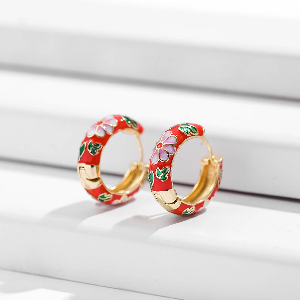 Vintage Enamel Flower Small Hoop Earrings Trendy Geometric Statement Round Circle Huggie Earring Fashion Jewelry Brincos