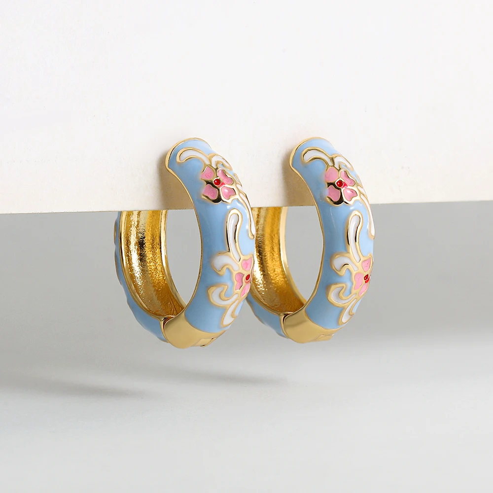 Vintage Enamel Flower Small Hoop Earrings Trendy Geometric Statement Round Circle Huggie Earring Fashion Jewelry Brincos