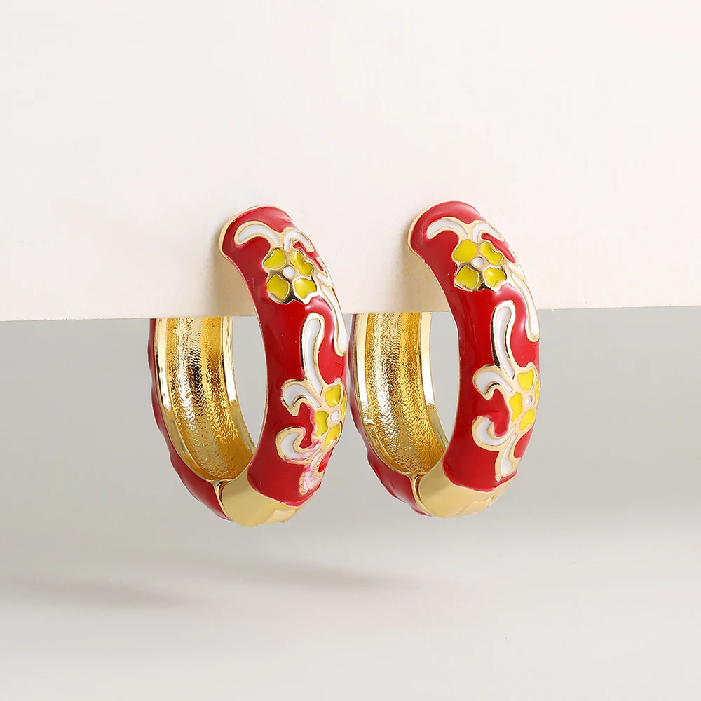 Vintage Enamel Flower Small Hoop Earrings Trendy Geometric Statement Round Circle Huggie Earring Fashion Jewelry Brincos