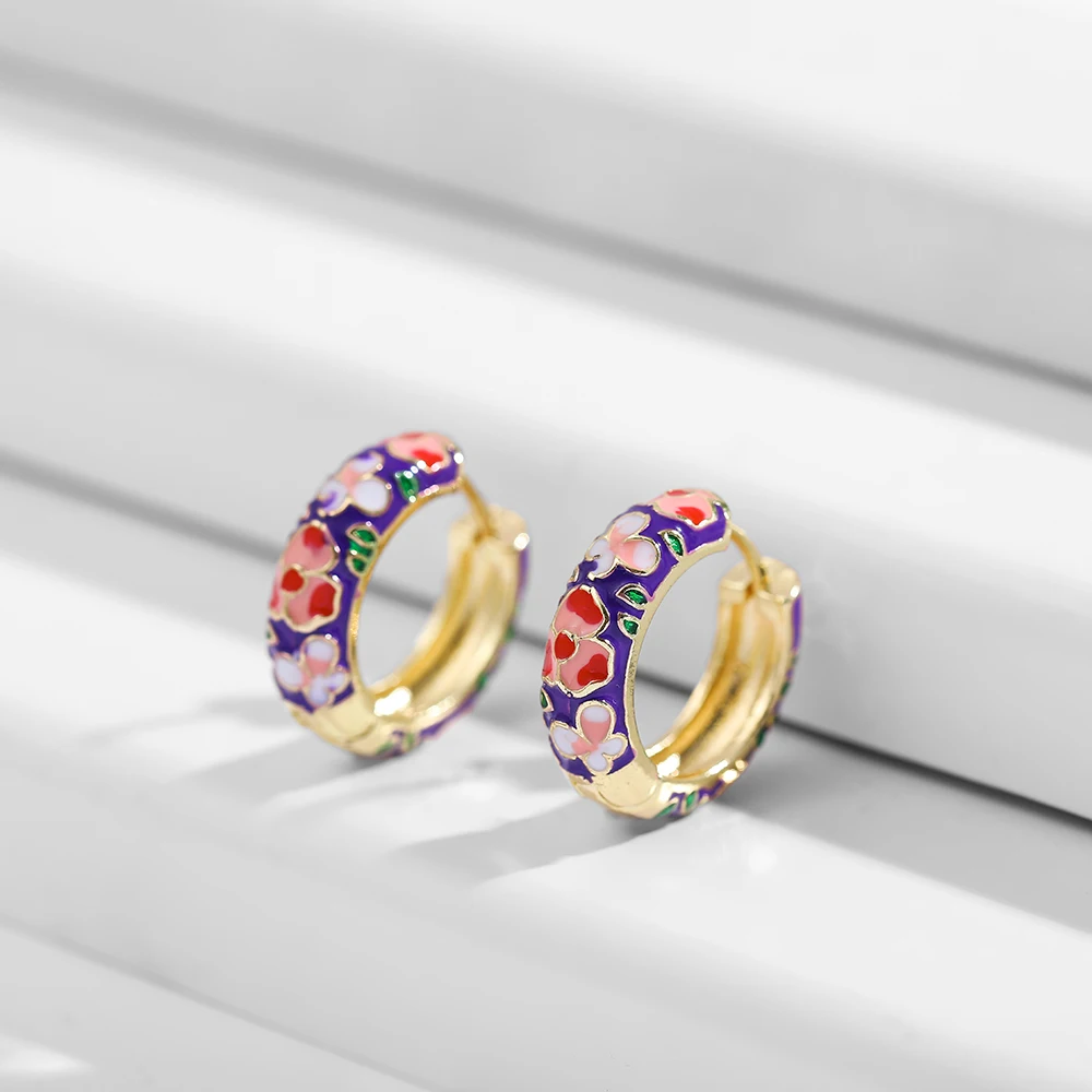 Vintage Enamel Flower Small Hoop Earrings Trendy Geometric Statement Round Circle Huggie Earring Fashion Jewelry Brincos