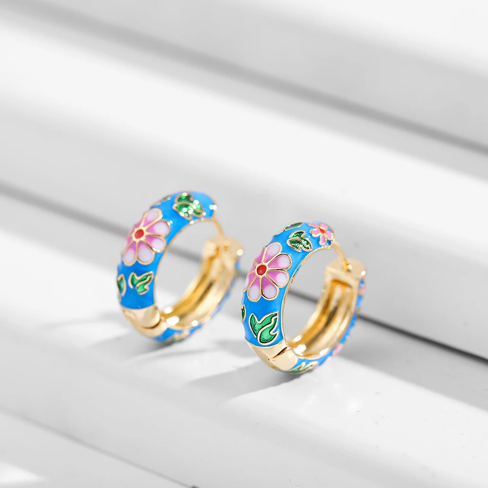 Vintage Enamel Flower Small Hoop Earrings Trendy Geometric Statement Round Circle Huggie Earring Fashion Jewelry Brincos