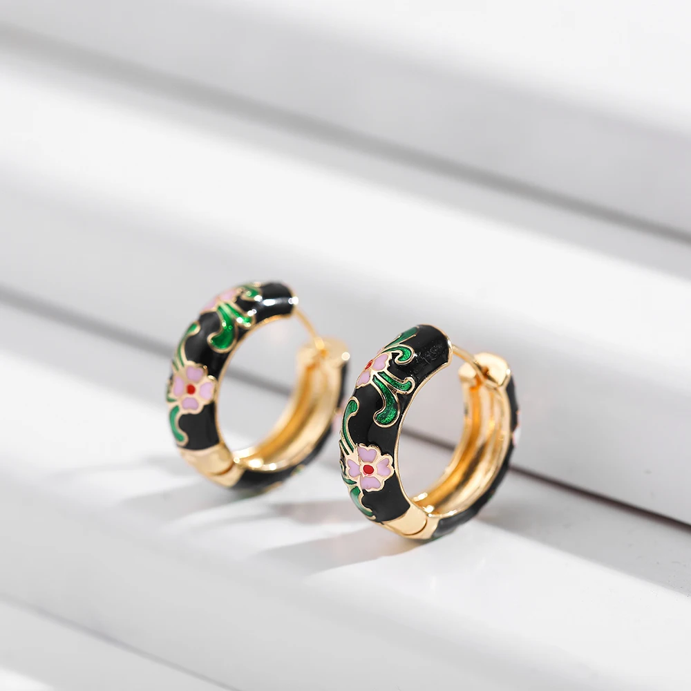 Vintage Enamel Flower Small Hoop Earrings Trendy Geometric Statement Round Circle Huggie Earring Fashion Jewelry Brincos