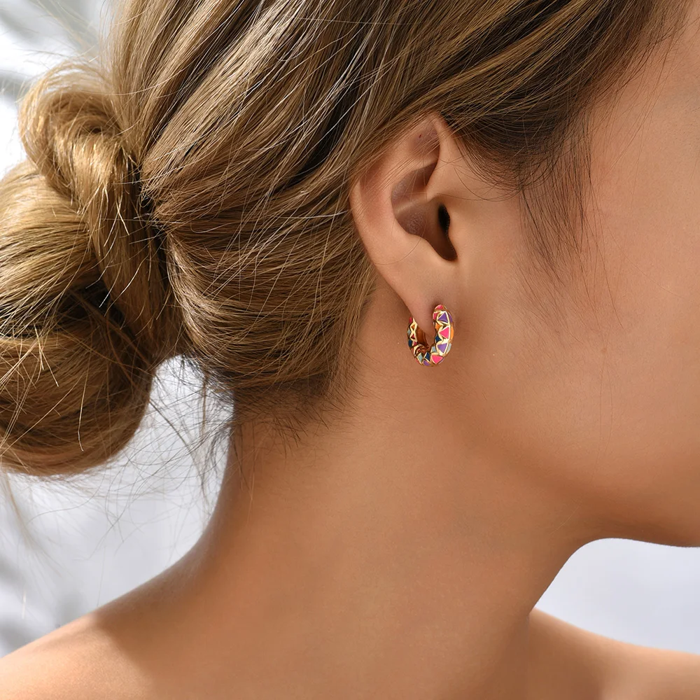Vintage Enamel Flower Small Hoop Earrings Trendy Geometric Statement Round Circle Huggie Earring Fashion Jewelry Brincos
