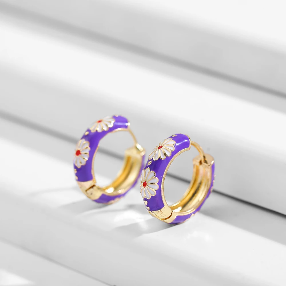 Vintage Enamel Flower Small Hoop Earrings Trendy Geometric Statement Round Circle Huggie Earring Fashion Jewelry Brincos