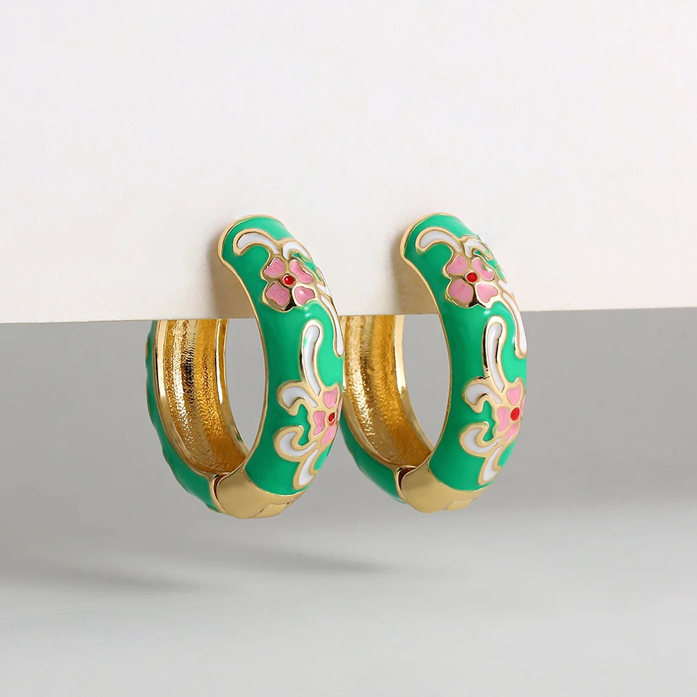 Vintage Enamel Flower Small Hoop Earrings Trendy Geometric Statement Round Circle Huggie Earring Fashion Jewelry Brincos