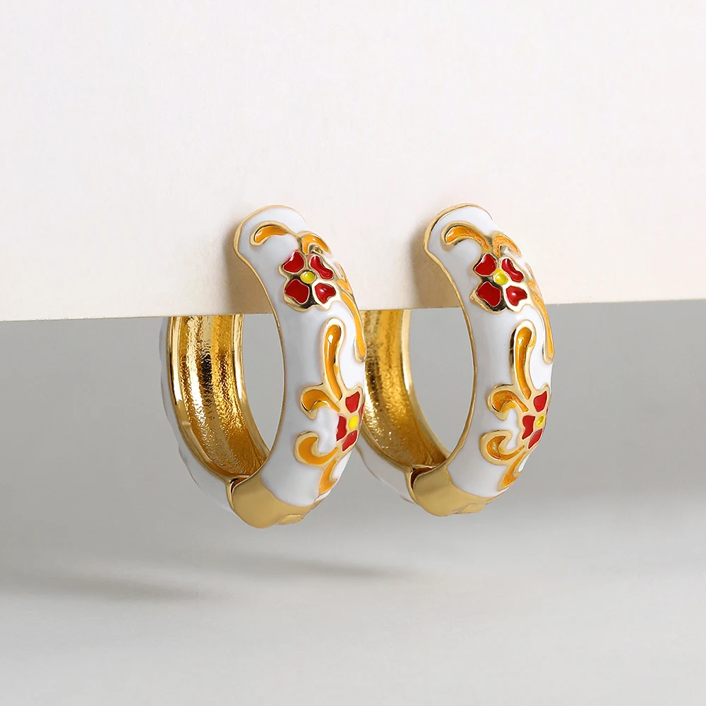 Vintage Enamel Flower Small Hoop Earrings Trendy Geometric Statement Round Circle Huggie Earring Fashion Jewelry Brincos
