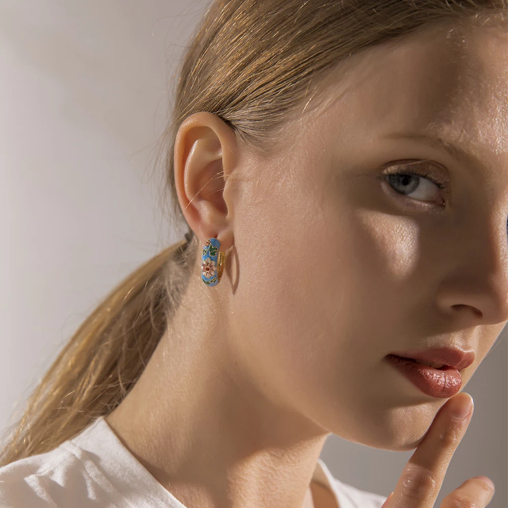 Vintage Enamel Flower Small Hoop Earrings Trendy Geometric Statement Round Circle Huggie Earring Fashion Jewelry Brincos