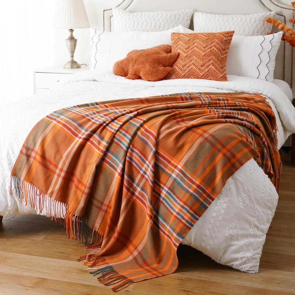 Battilo Plaid Throw Blanket for Couch Orange Lightweight Sofa Blanket Fall Blanket with Tassels Knit Throw for Home Decor