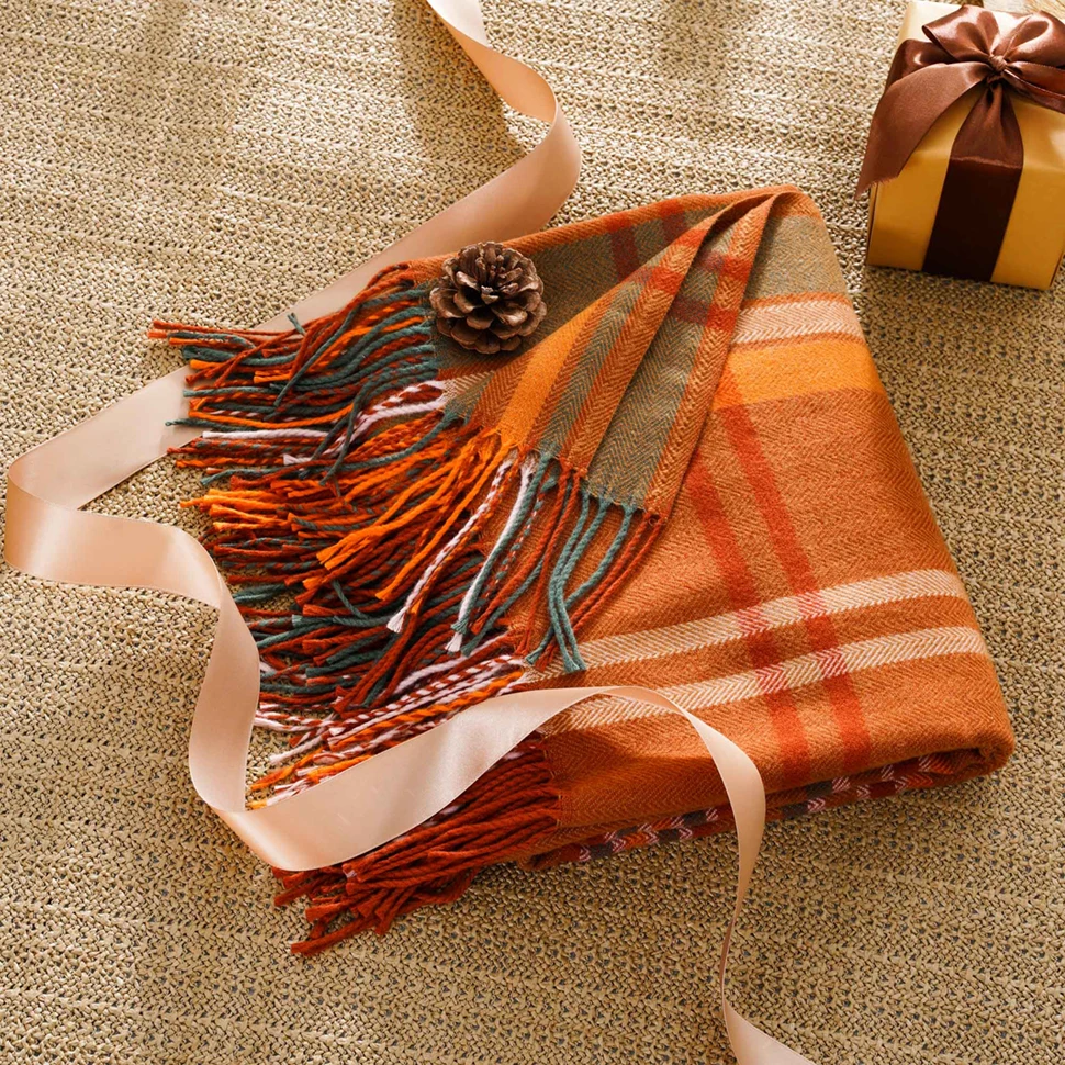 Battilo Plaid Throw Blanket for Couch Orange Lightweight Sofa Blanket Fall Blanket with Tassels Knit Throw for Home Decor