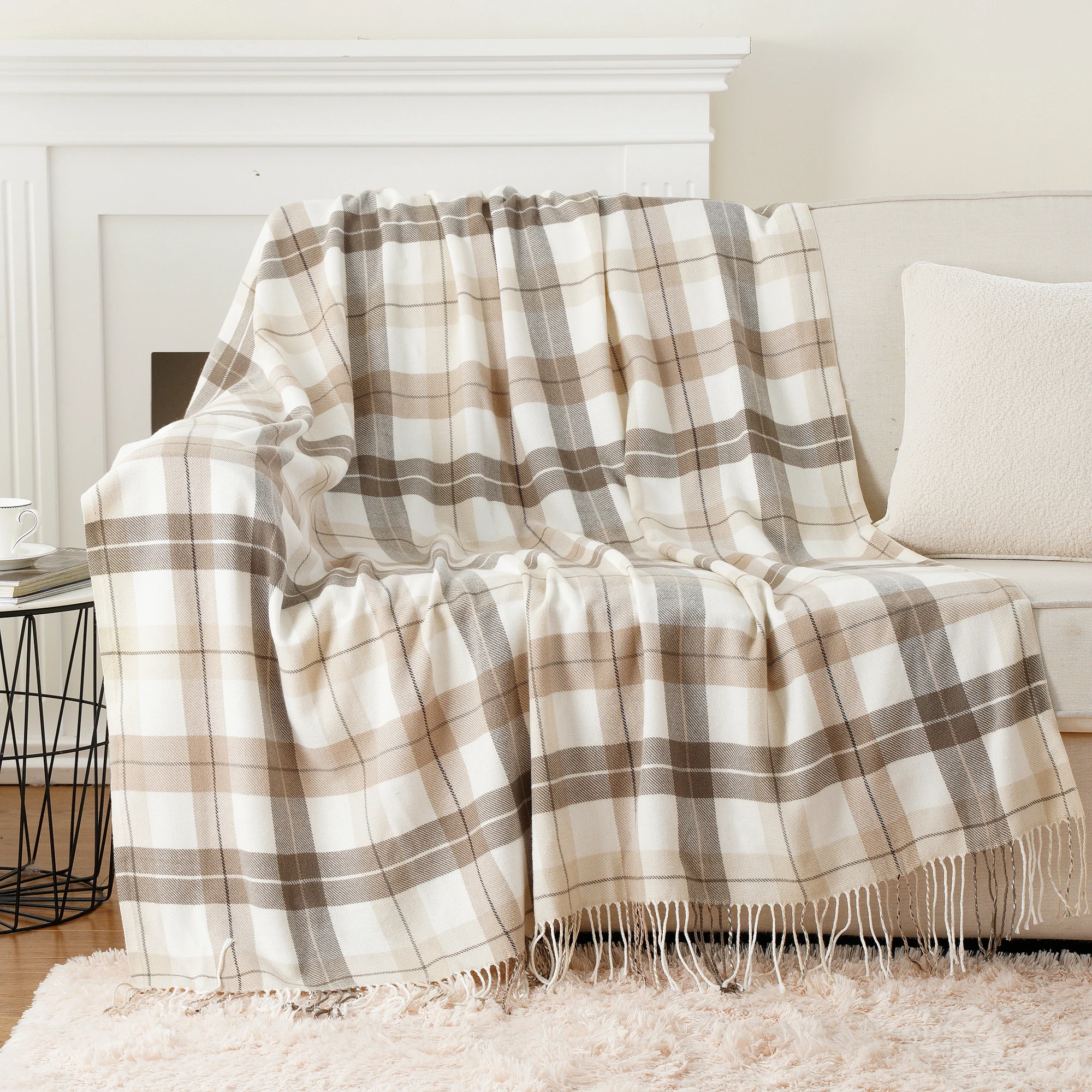 Battilo Plaid Throw Blanket for Couch Orange Lightweight Sofa Blanket Fall Blanket with Tassels Knit Throw for Home Decor