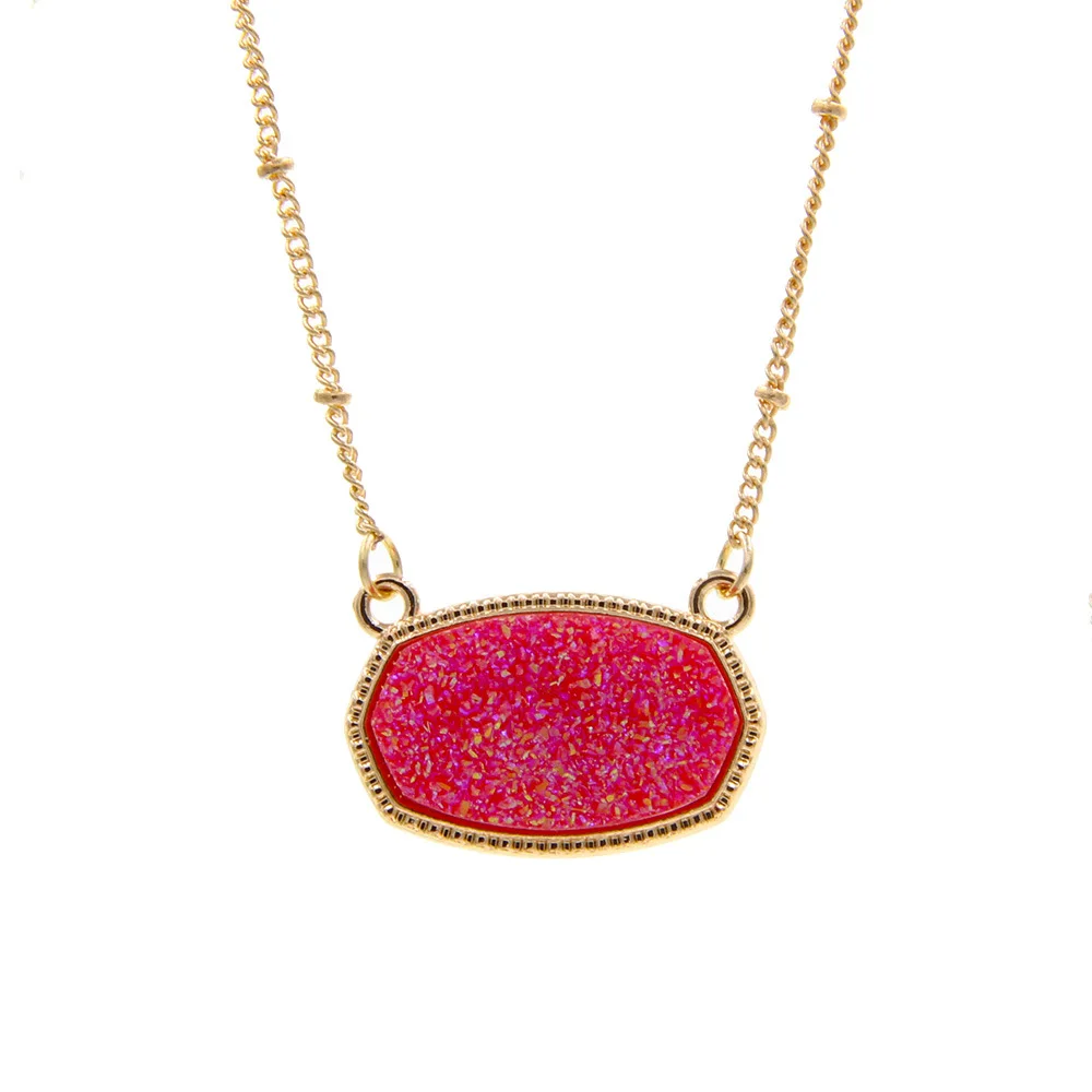 Resin Oval Druzy Pendant Necklace Gold Color Chain Drusy Hexagon Style Necklaces Luxury Designer Brand Fashion Jewelry for Women