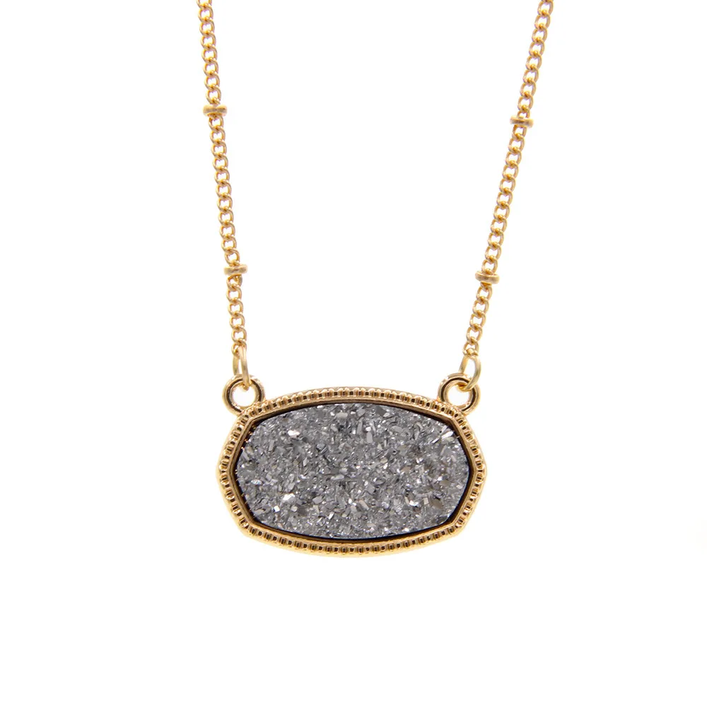 Resin Oval Druzy Pendant Necklace Gold Color Chain Drusy Hexagon Style Necklaces Luxury Designer Brand Fashion Jewelry for Women