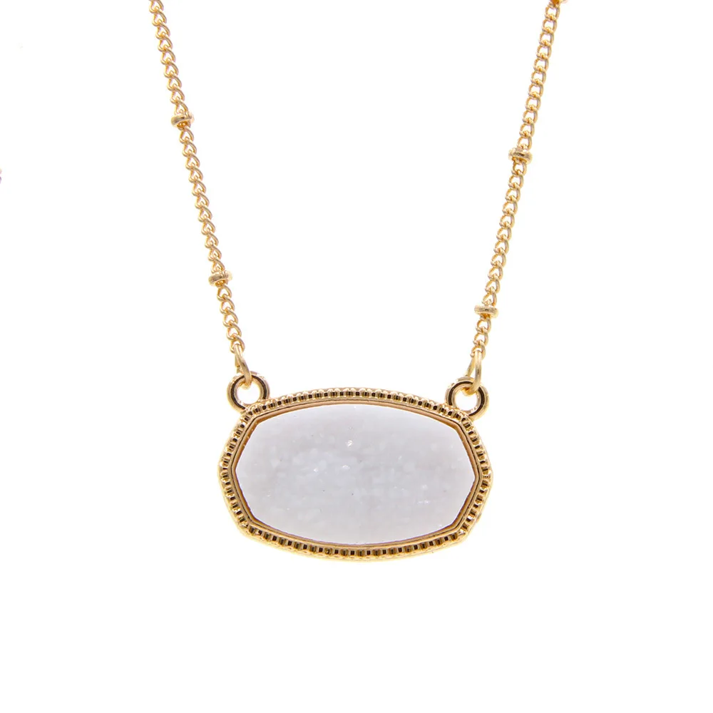 Resin Oval Druzy Pendant Necklace Gold Color Chain Drusy Hexagon Style Necklaces Luxury Designer Brand Fashion Jewelry for Women