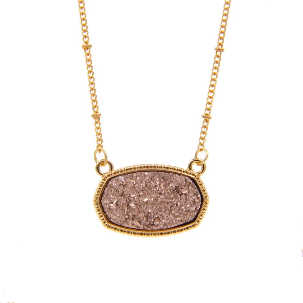 Resin Oval Druzy Pendant Necklace Gold Color Chain Drusy Hexagon Style Necklaces Luxury Designer Brand Fashion Jewelry for Women