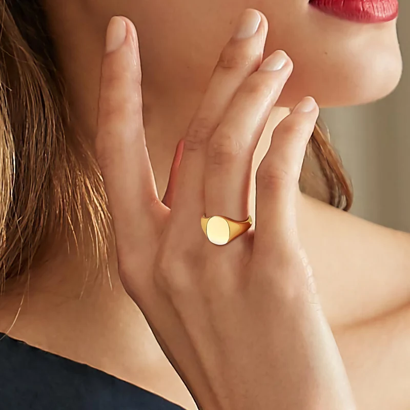 Round Top Signet Ring Womens Stainless Steel Metal Pinky Rings Minimalist Everyday Jewelry Gift