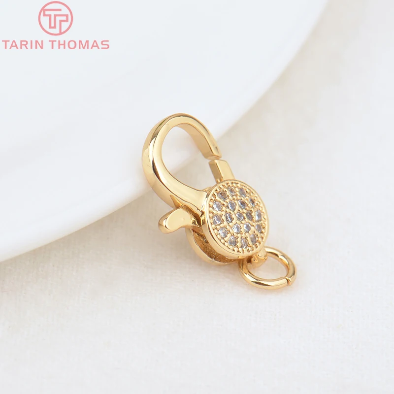 (3280)2PCS 11x15.5MM 24K Gold Color Brass with Zircon Necklace Bracelet Connector Clasps High Quality DIY Jewelry Making Finding