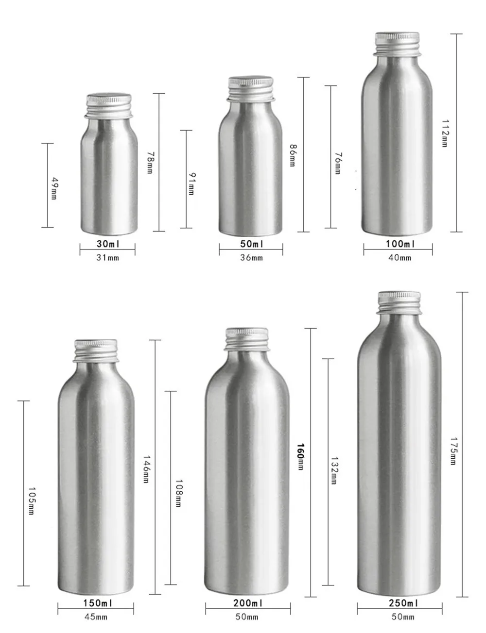 Aluminum Bottle 1oz 2oz 4/8oz 20/30/50/60/100ml/150/200/250ml,Empty Round Sliver Metal Bottle With Aluminum Cap Child Resistant