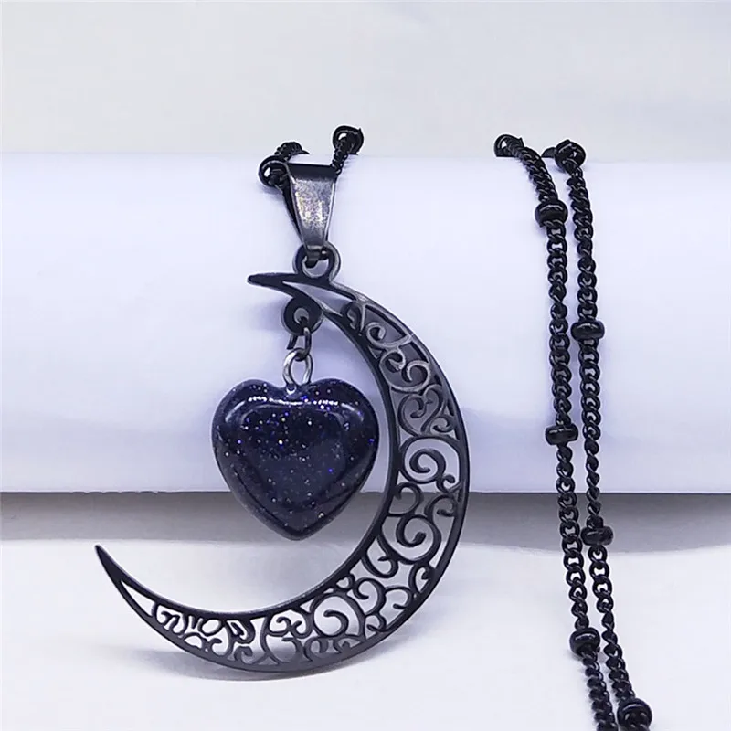 Black Color Stainless Steel Natural Stone Charm Necklace Women Moon Heart Necklace Valentines Jewelry Acero Inoxidable Joyeria