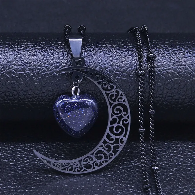 Black Color Stainless Steel Natural Stone Charm Necklace Women Moon Heart Necklace Valentines Jewelry Acero Inoxidable Joyeria
