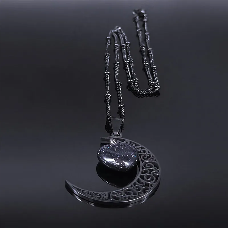 Black Color Stainless Steel Natural Stone Charm Necklace Women Moon Heart Necklace Valentines Jewelry Acero Inoxidable Joyeria