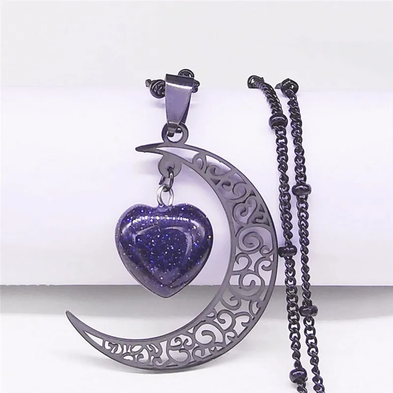 Black Color Stainless Steel Natural Stone Charm Necklace Women Moon Heart Necklace Valentines Jewelry Acero Inoxidable Joyeria