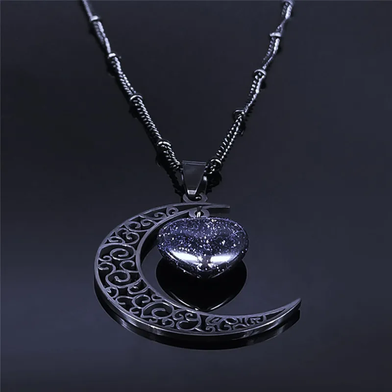 Black Color Stainless Steel Natural Stone Charm Necklace Women Moon Heart Necklace Valentines Jewelry Acero Inoxidable Joyeria