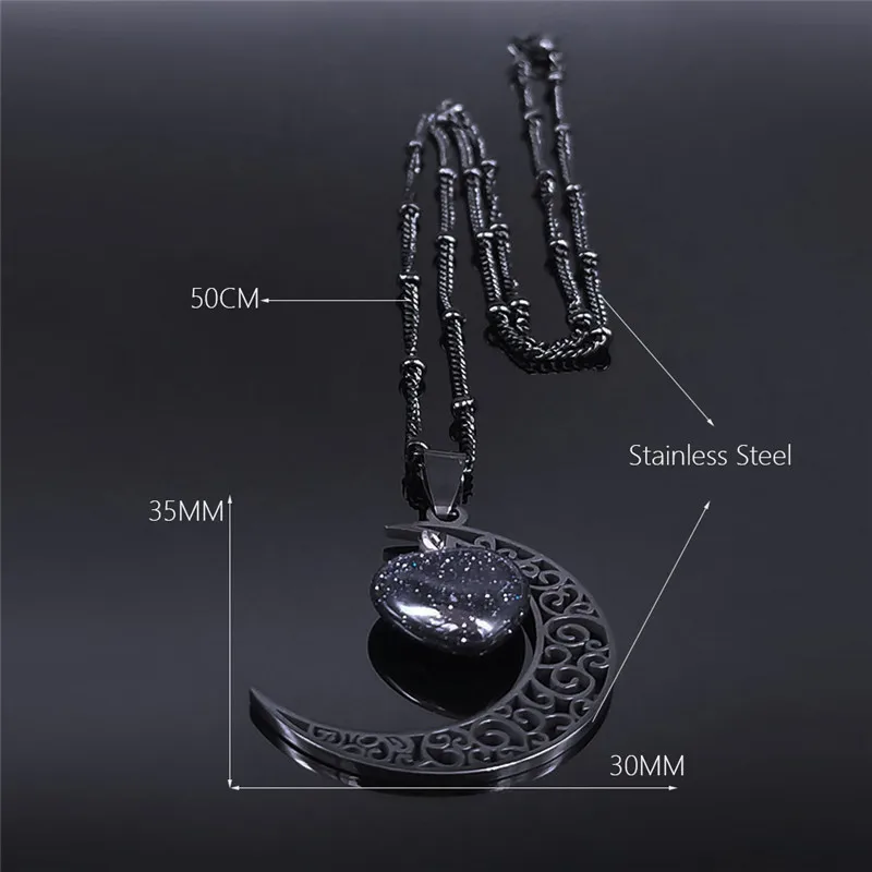 Black Color Stainless Steel Natural Stone Charm Necklace Women Moon Heart Necklace Valentines Jewelry Acero Inoxidable Joyeria