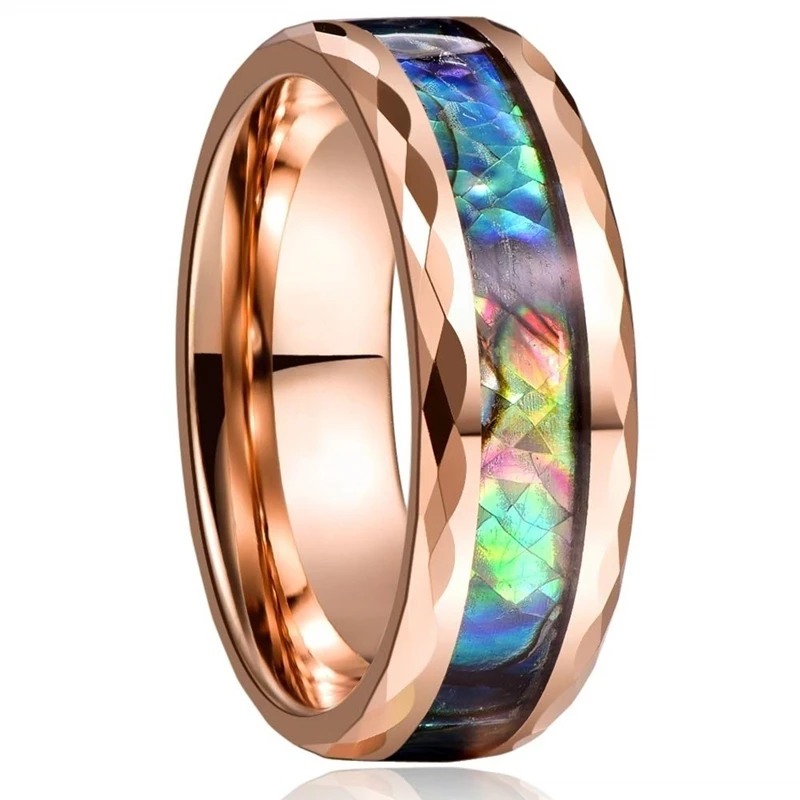 8mm Men's Rose Gold Color Stainless Steel Rings Hawaiian Koa Wood And Abalone Shell Opal Inlay Ring Men's Wedding Band Jewelry