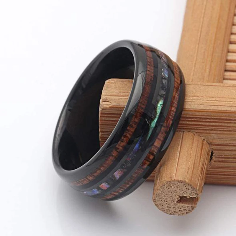 8mm Men's Rose Gold Color Stainless Steel Rings Hawaiian Koa Wood And Abalone Shell Opal Inlay Ring Men's Wedding Band Jewelry