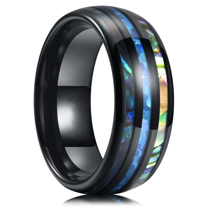 8mm Men's Rose Gold Color Stainless Steel Rings Hawaiian Koa Wood And Abalone Shell Opal Inlay Ring Men's Wedding Band Jewelry