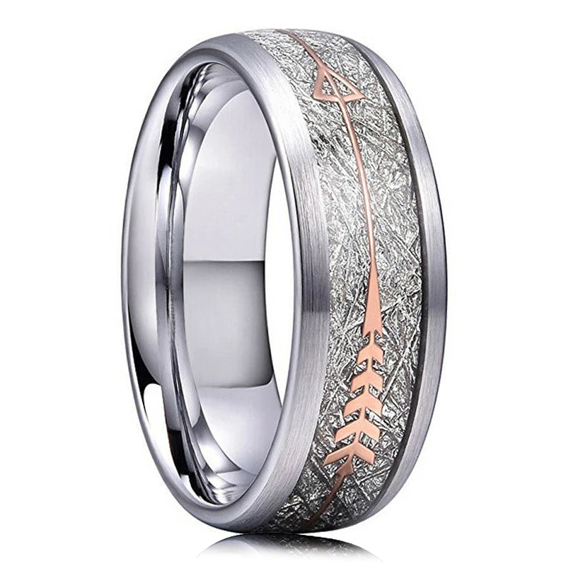 8mm Men's Rose Gold Color Stainless Steel Rings Hawaiian Koa Wood And Abalone Shell Opal Inlay Ring Men's Wedding Band Jewelry