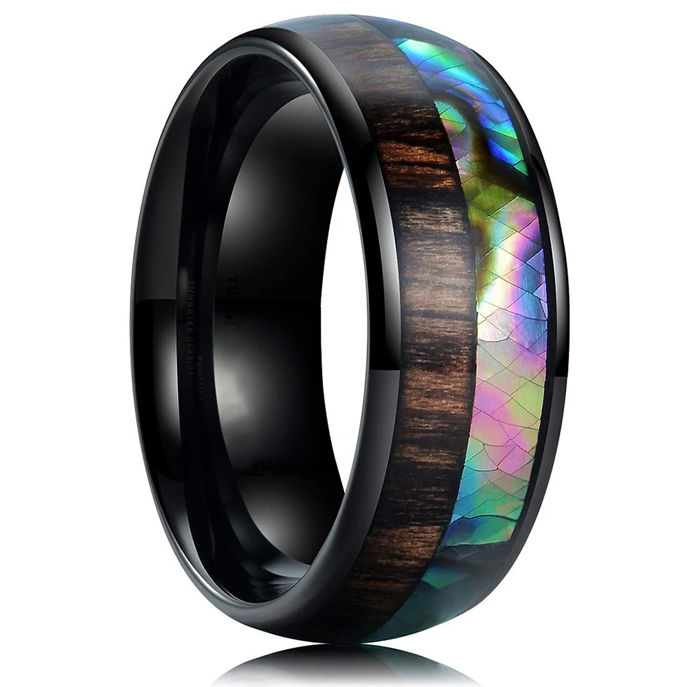 8mm Men's Rose Gold Color Stainless Steel Rings Hawaiian Koa Wood And Abalone Shell Opal Inlay Ring Men's Wedding Band Jewelry