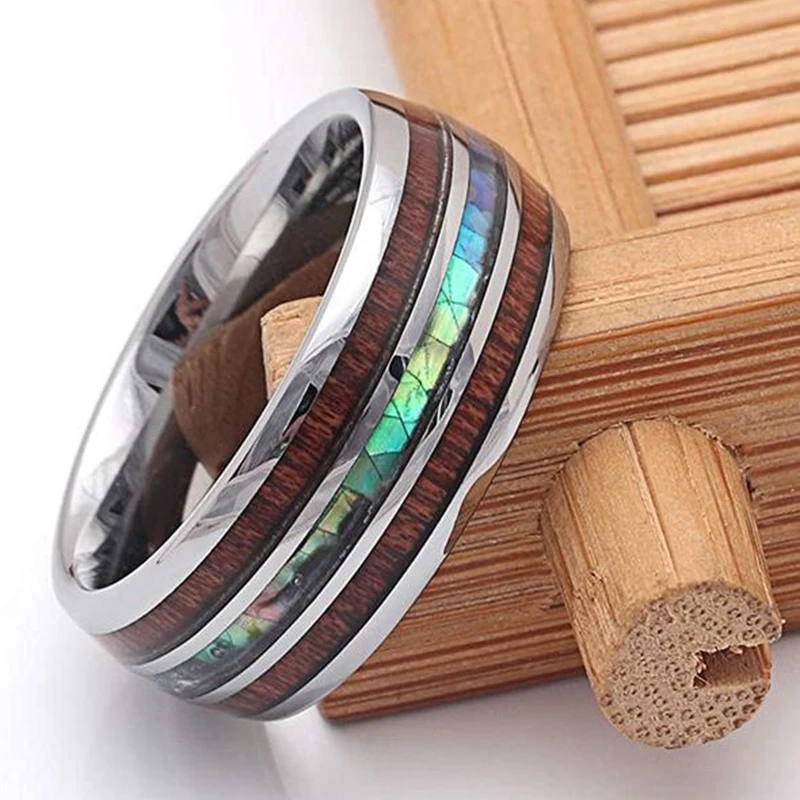 8mm Men's Rose Gold Color Stainless Steel Rings Hawaiian Koa Wood And Abalone Shell Opal Inlay Ring Men's Wedding Band Jewelry