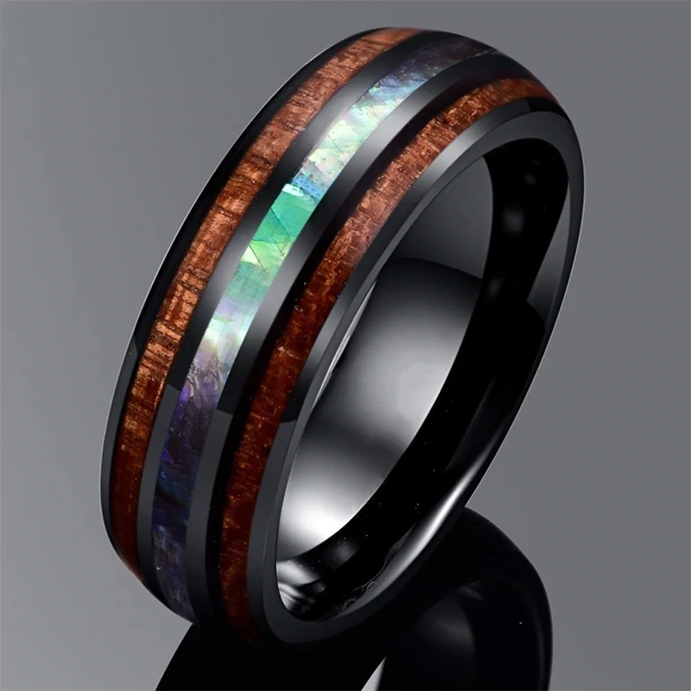 8mm Men's Rose Gold Color Stainless Steel Rings Hawaiian Koa Wood And Abalone Shell Opal Inlay Ring Men's Wedding Band Jewelry