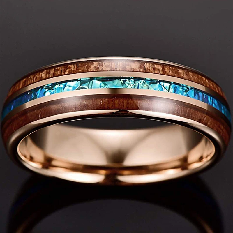 8mm Men's Rose Gold Color Stainless Steel Rings Hawaiian Koa Wood And Abalone Shell Opal Inlay Ring Men's Wedding Band Jewelry