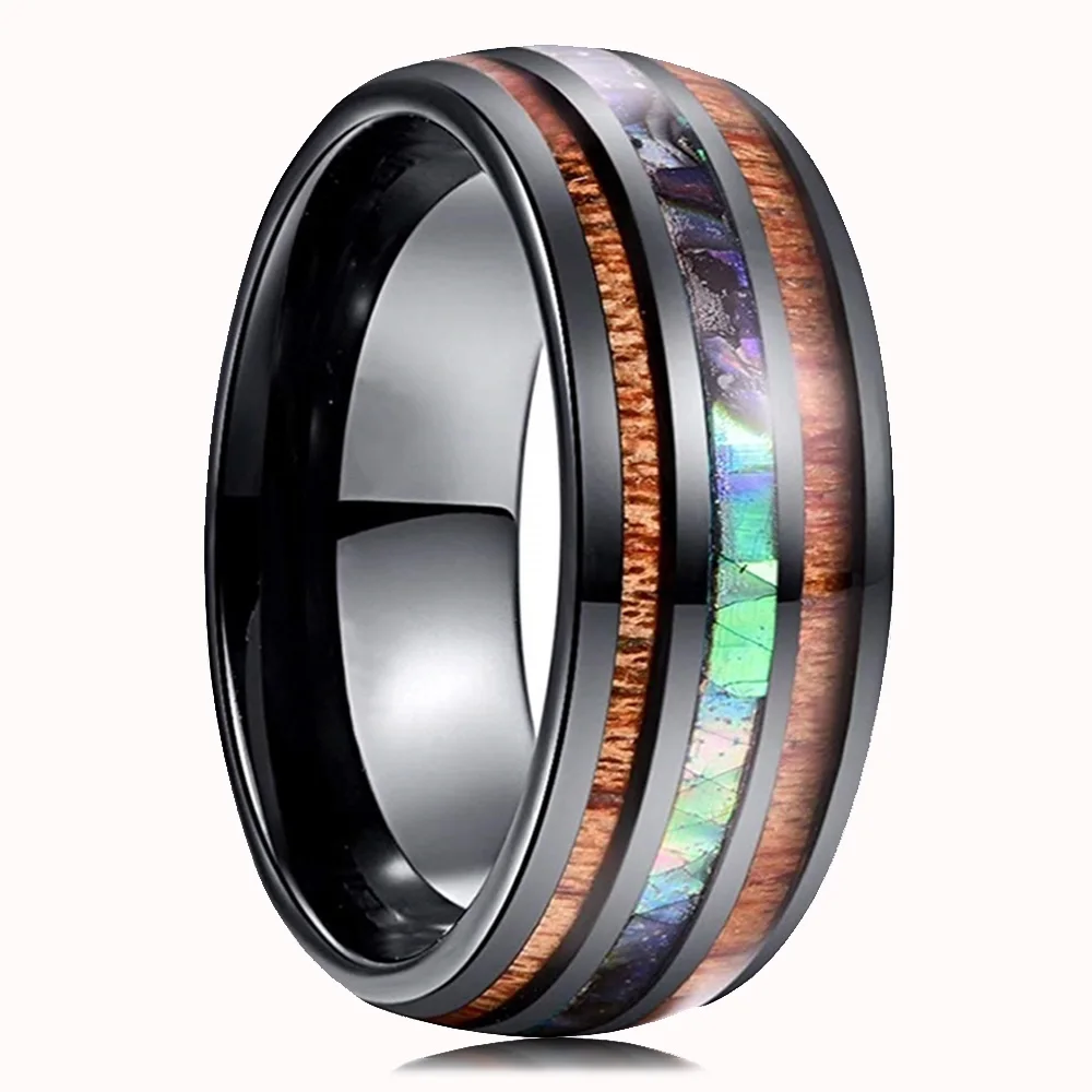 8mm Men's Rose Gold Color Stainless Steel Rings Hawaiian Koa Wood And Abalone Shell Opal Inlay Ring Men's Wedding Band Jewelry