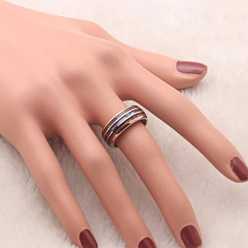 8mm Men's Rose Gold Color Stainless Steel Rings Hawaiian Koa Wood And Abalone Shell Opal Inlay Ring Men's Wedding Band Jewelry