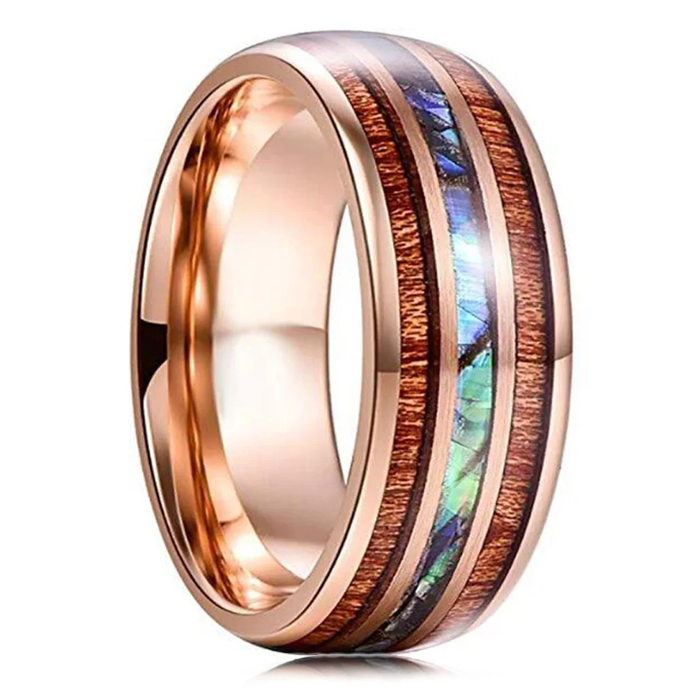 8mm Men's Rose Gold Color Stainless Steel Rings Hawaiian Koa Wood And Abalone Shell Opal Inlay Ring Men's Wedding Band Jewelry
